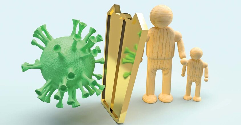 man wooden and gold shield for protection virus 3d rendering. man wooden and gold shield for protection virus 3d rendering.